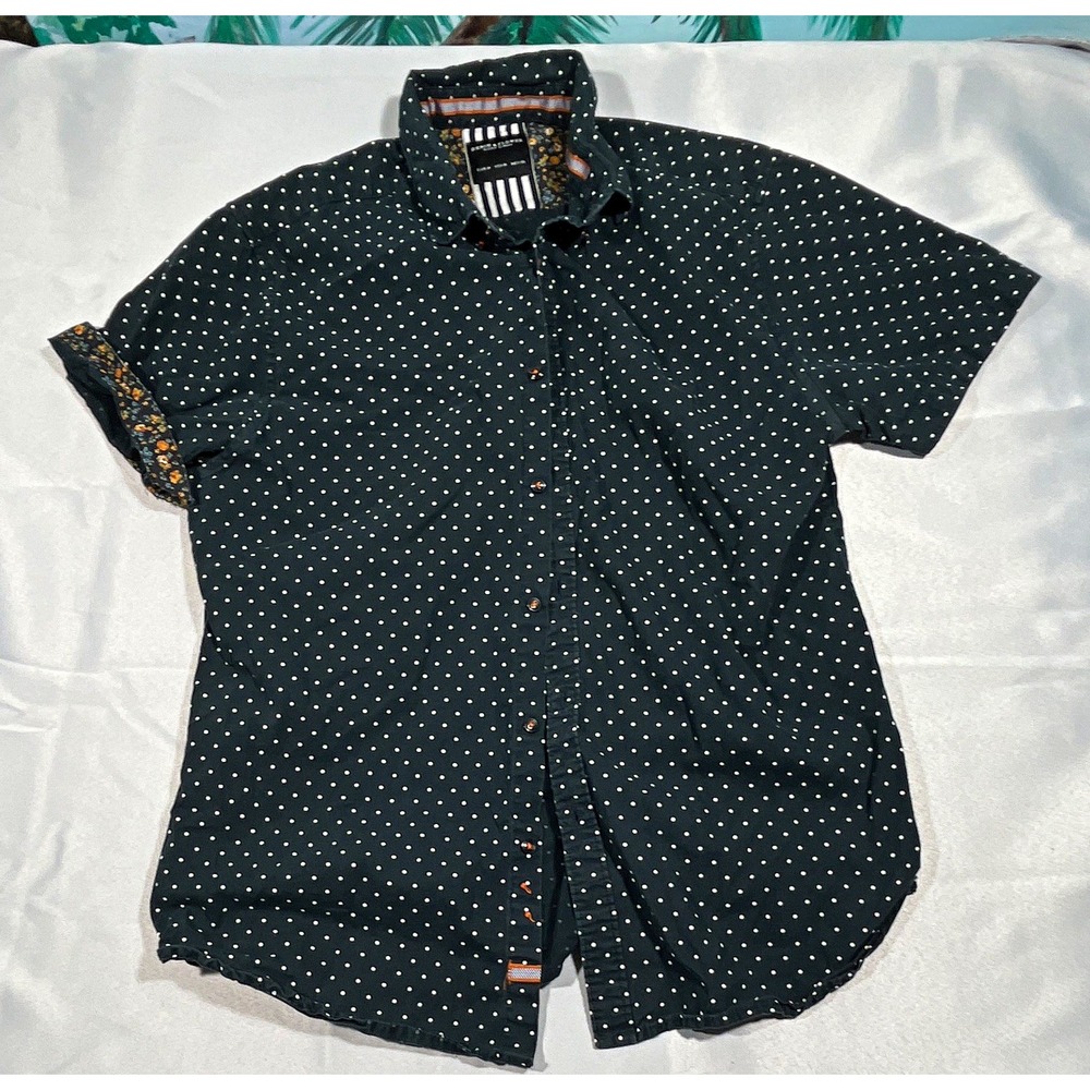 Denim & Flower Ricky Singh Men's Woven Black White Polka Dot Button-Up Shirt M - Picture 1 of 8